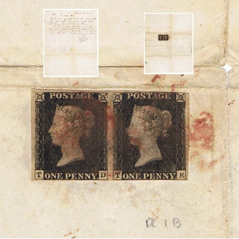 ancient handwritten 1846 letter and two rare ”one penny” stamps